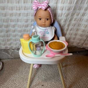 American Girl itty, bitty,  baby highchair, and food set